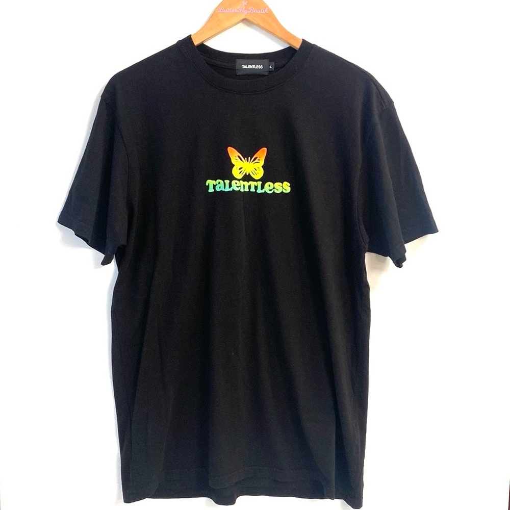 (A11) NEW TALENTLESS Black tee with Butterfly, Size Large, Unisex,‎ NWOT